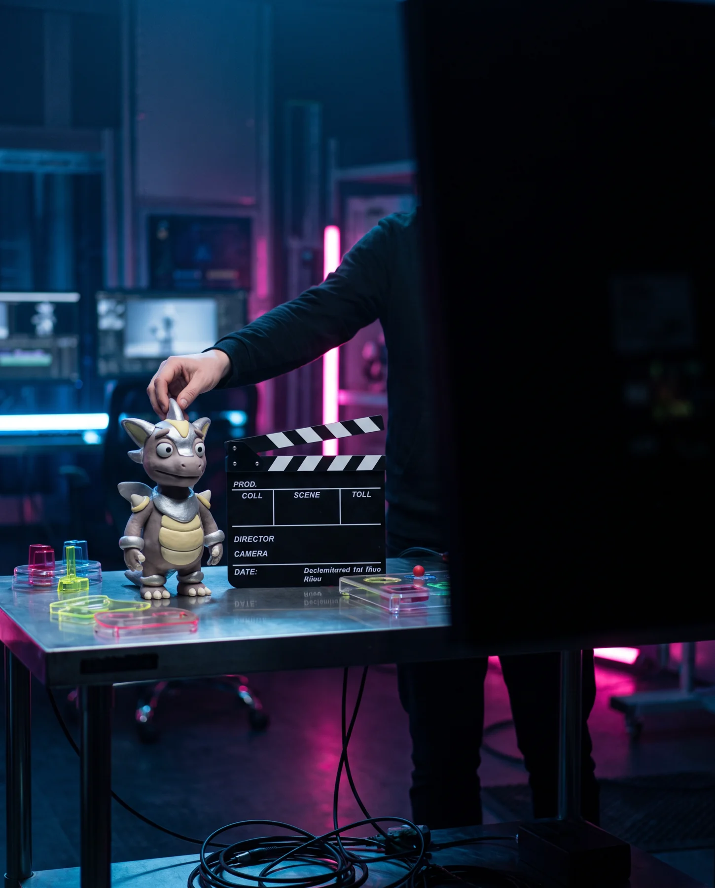 Animator setting a clapperboard beside a character maquette