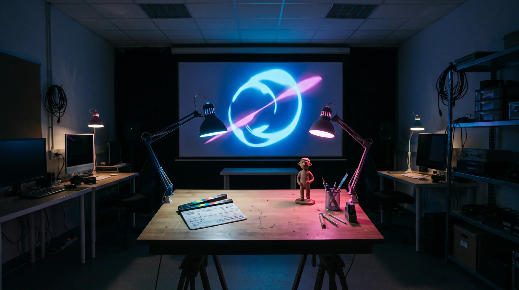Studio worktable under a colorful lighting display