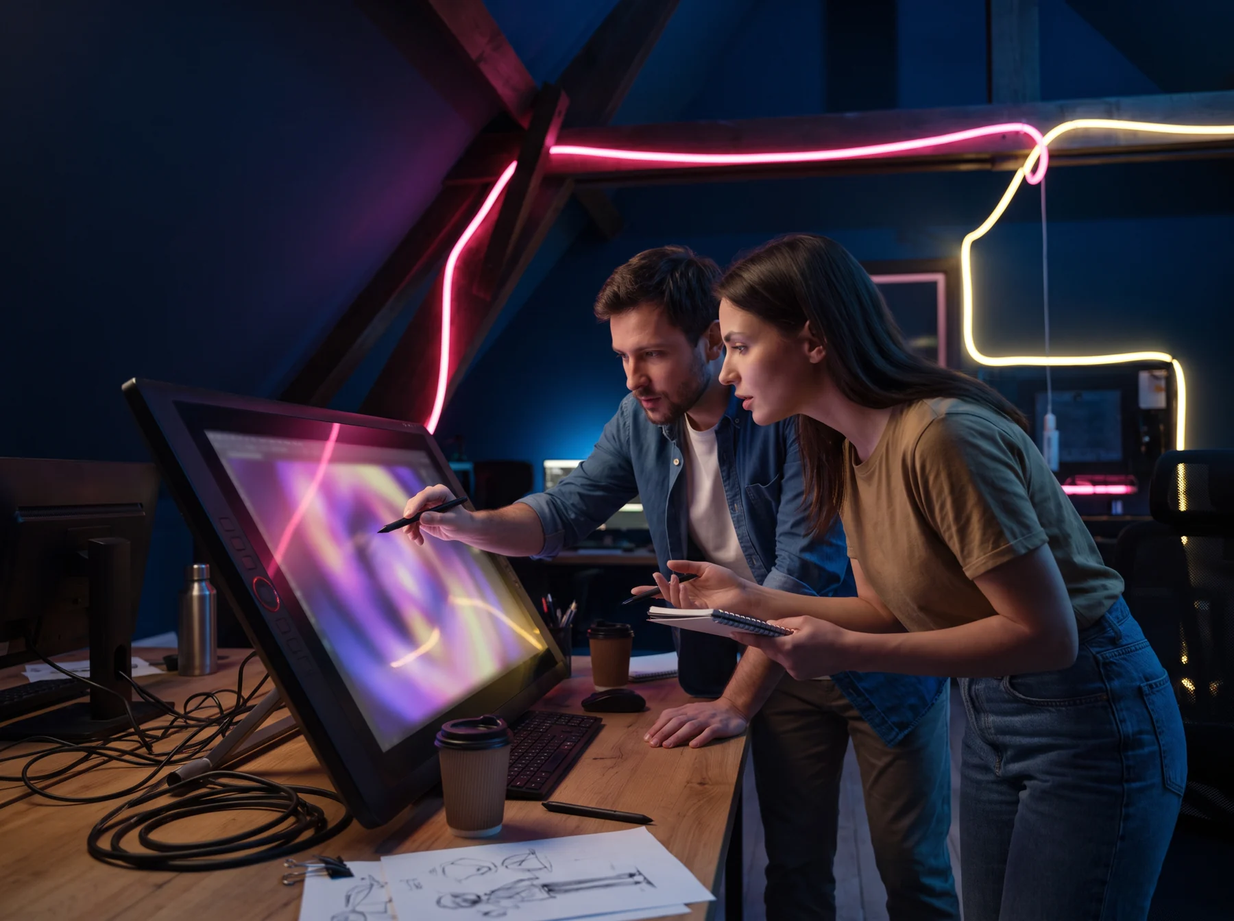Two artists working at an illuminated drawing display