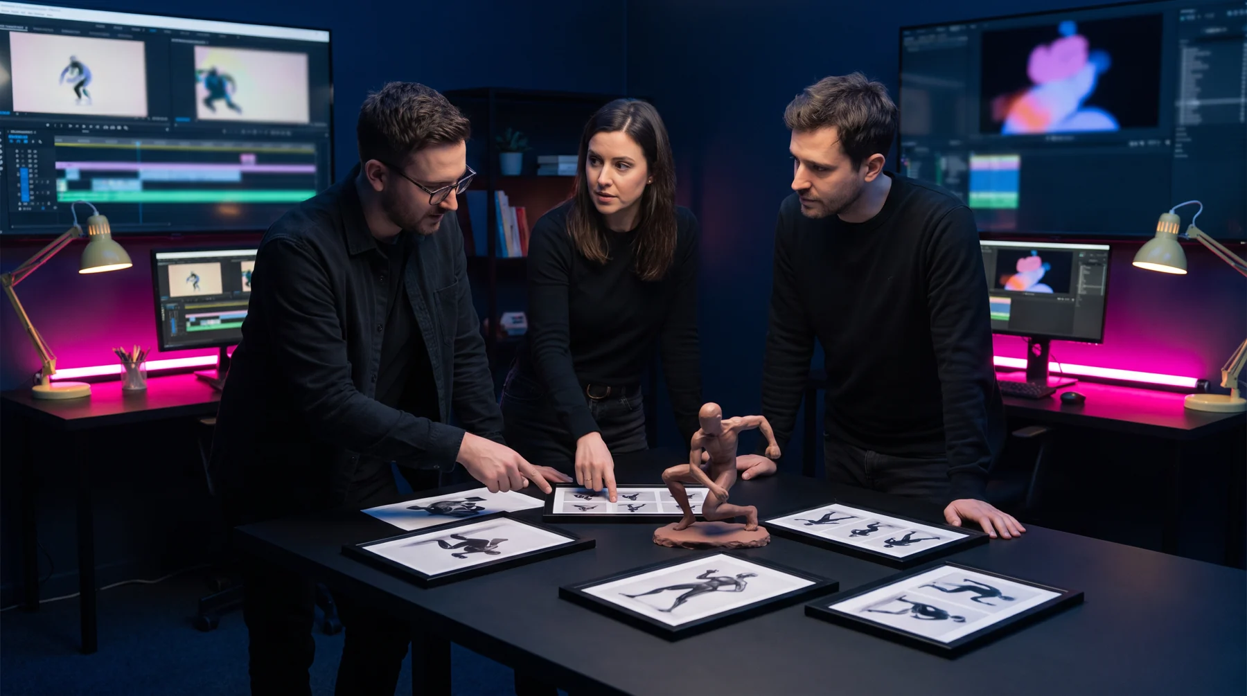 Animation team reviewing character drawings at a studio table